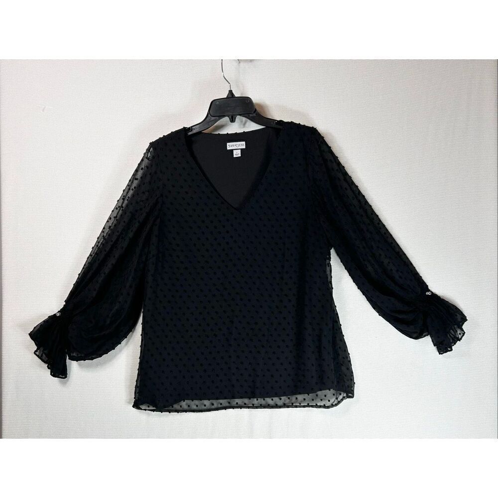 Sam and Jess Black Swiss Dot Chiffon Blouse Sheer Sleeves V-Neck Women’s L